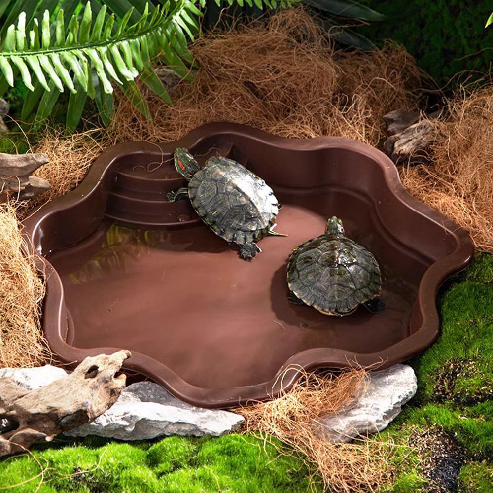 Turtle Bathing Pool, Reptile Feeding Dish Water Pot, Landscape Fish Tank Decoration, Lizard Turtle Bathing Pot for Aquatic Climbing Pet - Reddish
