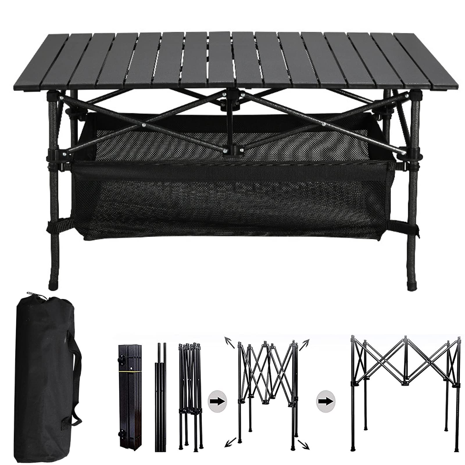 Foldable Camping Table, 3.12 ft Large Portable Foldable Roll Up Camping Picnic Table Outdoor with Storage Bag and Carrying Bag for Outdoor Camping, Picnic, Fishing, BBQ, Black Table
