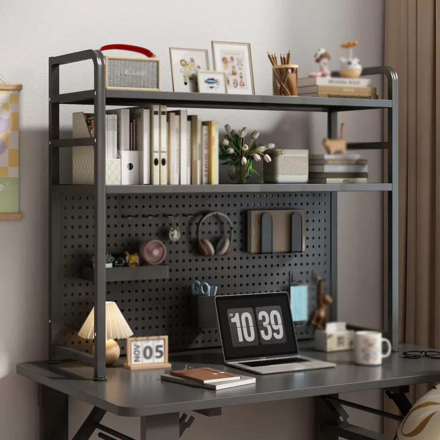 DIY Schreibtisch-Bücherregal, Metallstruktur, Aufbewahrungsregal, Computertisch, Bücherregal, schwarz, 55 x 20 x 98 cm, stilvolles Heimbüro, modernes Design für Bücher und Dekoration