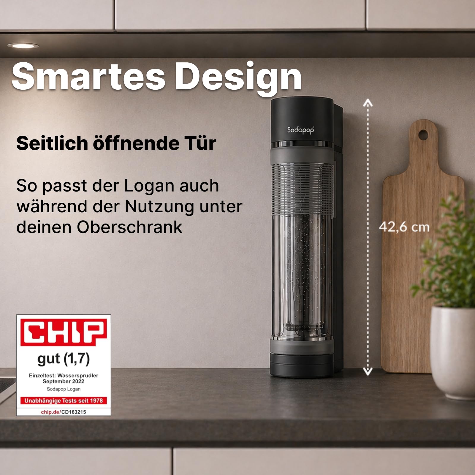 Sodapop Wassersprudler Logan, inkl. 3 Glasflaschen (2x 850 & 1x 600 ml) und 1x CO₂-Zylinder, Starterset, Matt Schwarz, Höhe 42,6 cm