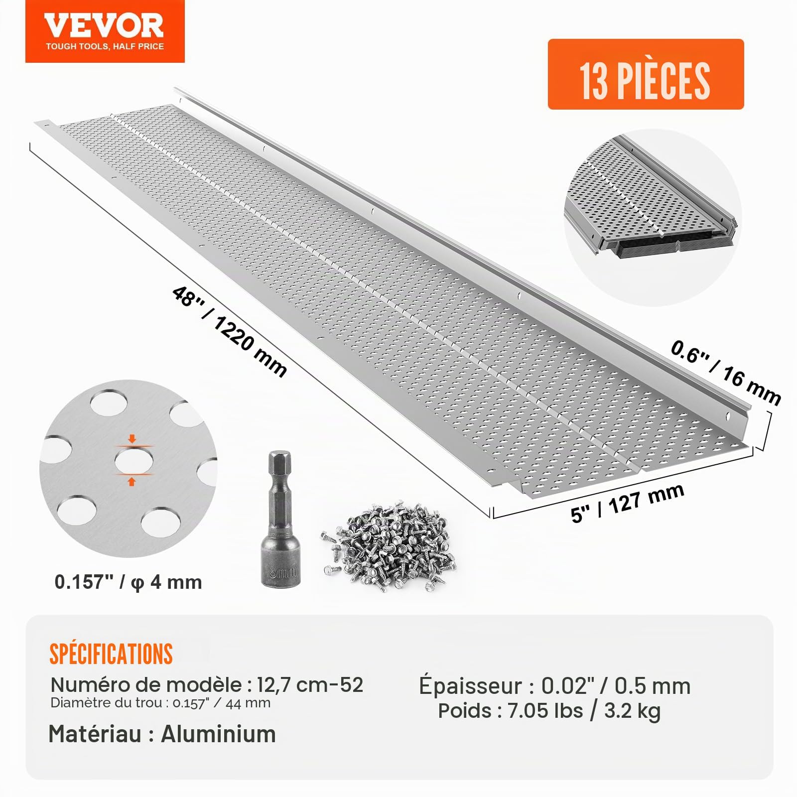 VEVOR Grille de Protection Gouttière 127 mm Pare-feuilles pour Gouttières Aluminium 13PCS Longueur Totale 15,9 m Trou 4 mm Épaisseur 0,5 mm Protège-gouttière Anti-feuille pour Tout Type Toit Gouttière
