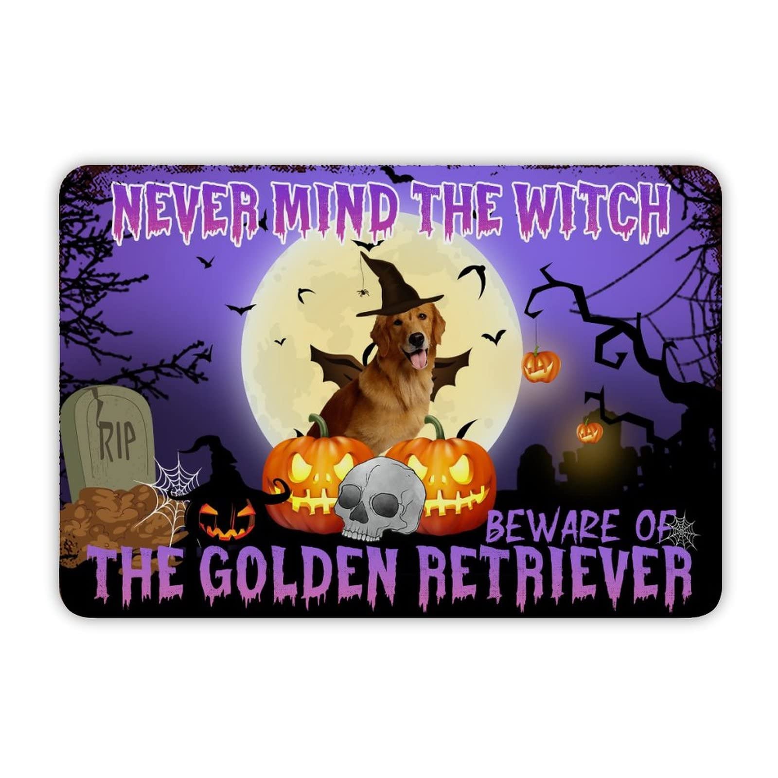 ENEDNATE Farmhouse Rustic Aluminum Sign Halloween Never Mind The Witch Beware of The Dog Metal Sign Retro Aluminum Tin Sign for Kitchen Bedroom Living Room Wall Art Door Hanger Home Decor Sign 8"x12"