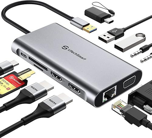 UtechSmart - Estación de acoplamiento USB 11 en 1 de triple pantalla USB 3.0, estación de acoplamiento universal con doble HDMI, VGA, PD, Ethernet,