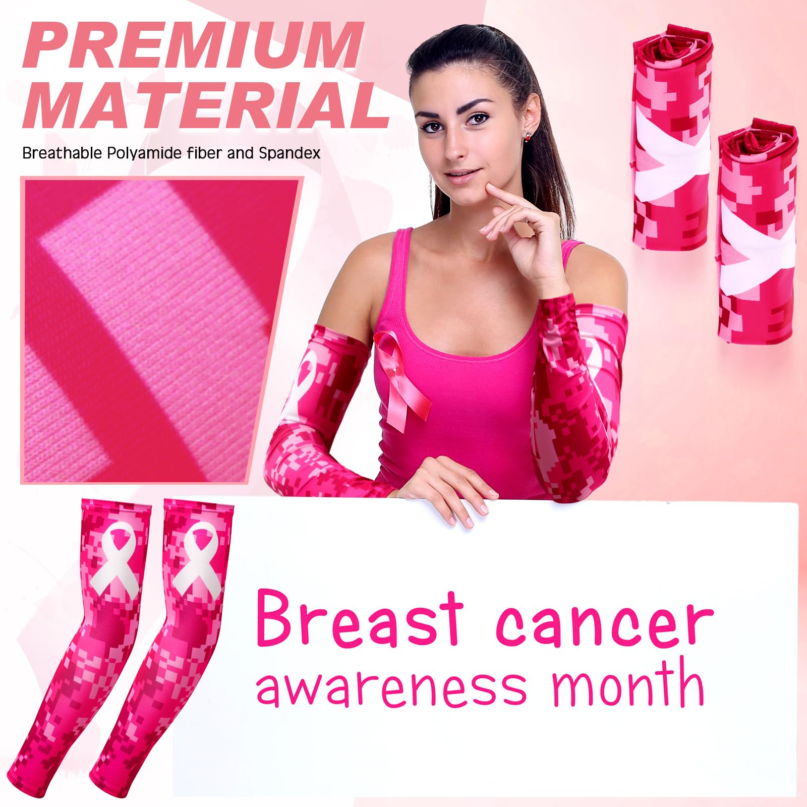 Xtinmee 24 pares de mangas de compresión para concienciación sobre el cáncer de mama, mangas de compresión para hombres y mujeres