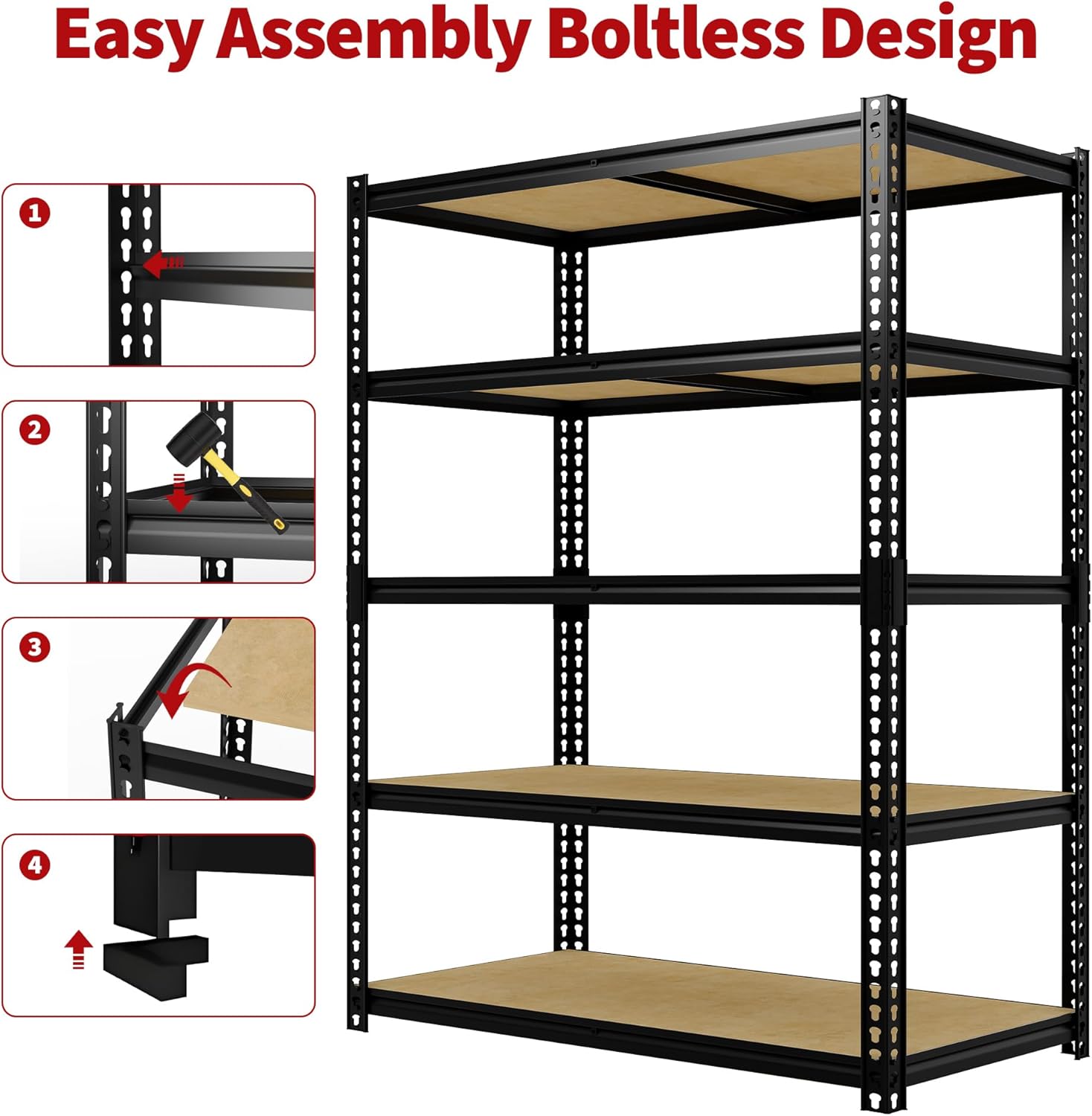Heavy Duty Garage Shelving Unit, 5 Tier 3200LBS Standing Metal Storage Shelves Rack for Warehouse Basement Pantry, Industrial Adjustable Shelf with MDF Board, Easy Assemble, 72" H x 48" W x 24" D