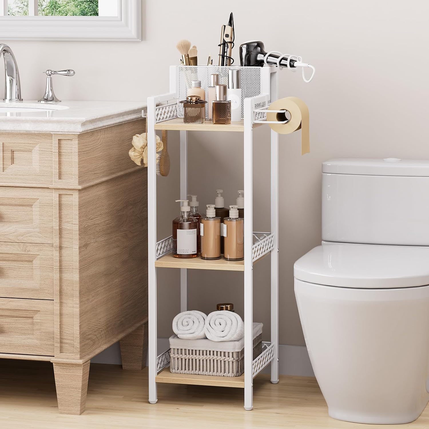 Slim Bathroom Storage Shelf Unit, 3 Tier Corner Storage, Rustic Makeup Organizer, Space-Saving Floor Standing Storage Shelves for Bathroom, Vanity,Kitchen, Laundry 9.85im Matte White 9.85“ White Without Drawer