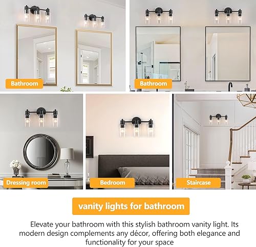 Miniatura 7 de Lámpara de tocador de baño de 3 luces, acabado negro mate con pantallas de vidrio templado, iluminación moderna sobre espejo para bañotocador,
