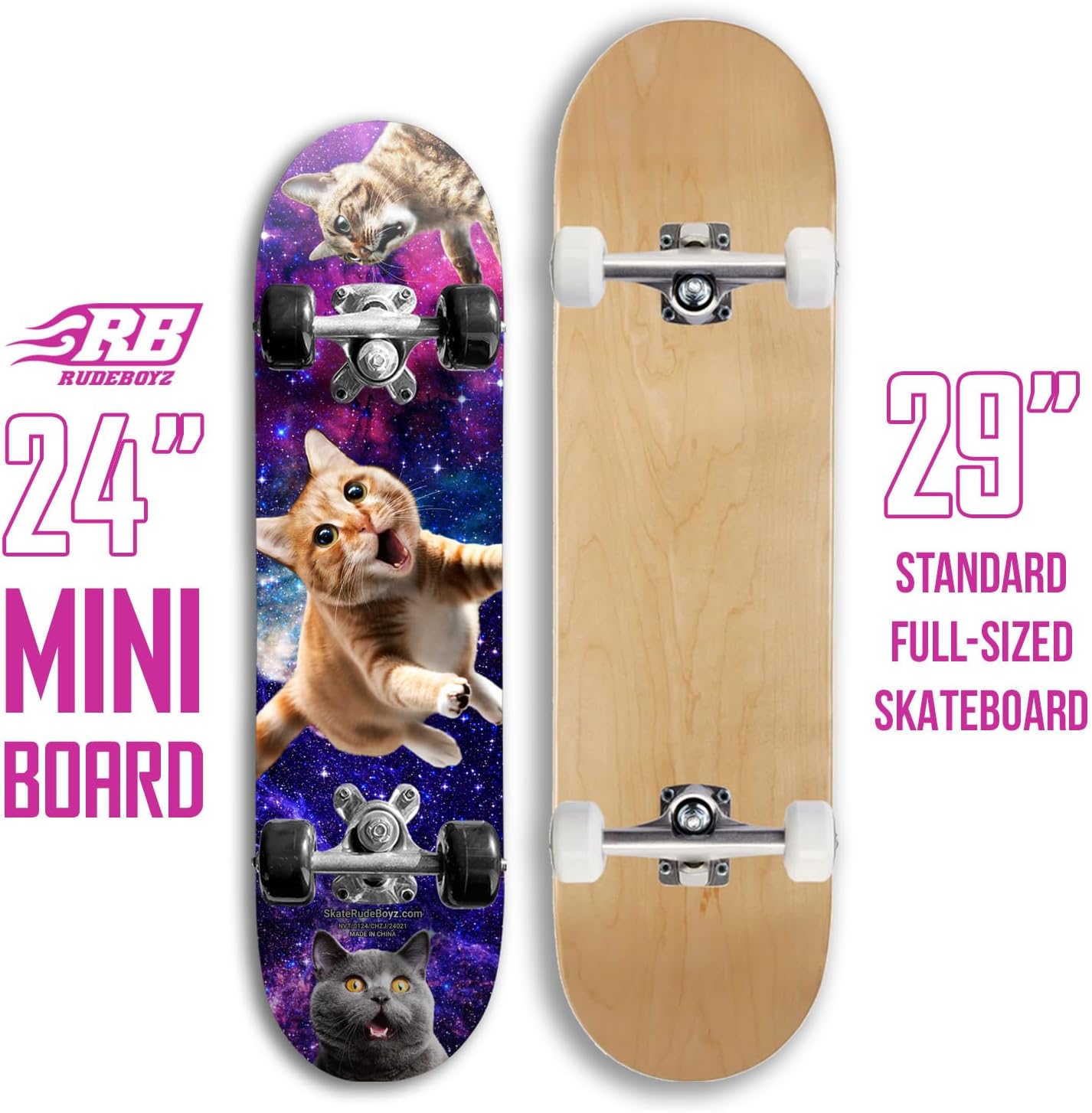 24 inch Rude Boyz Mini Cruiser Skateboard - Aluminium Trucks - Kids Skateboard Ages 5-8 Beginner - Skateboards for Kids Outerspace Cat image 2 of 5 B0CT4D9YDL