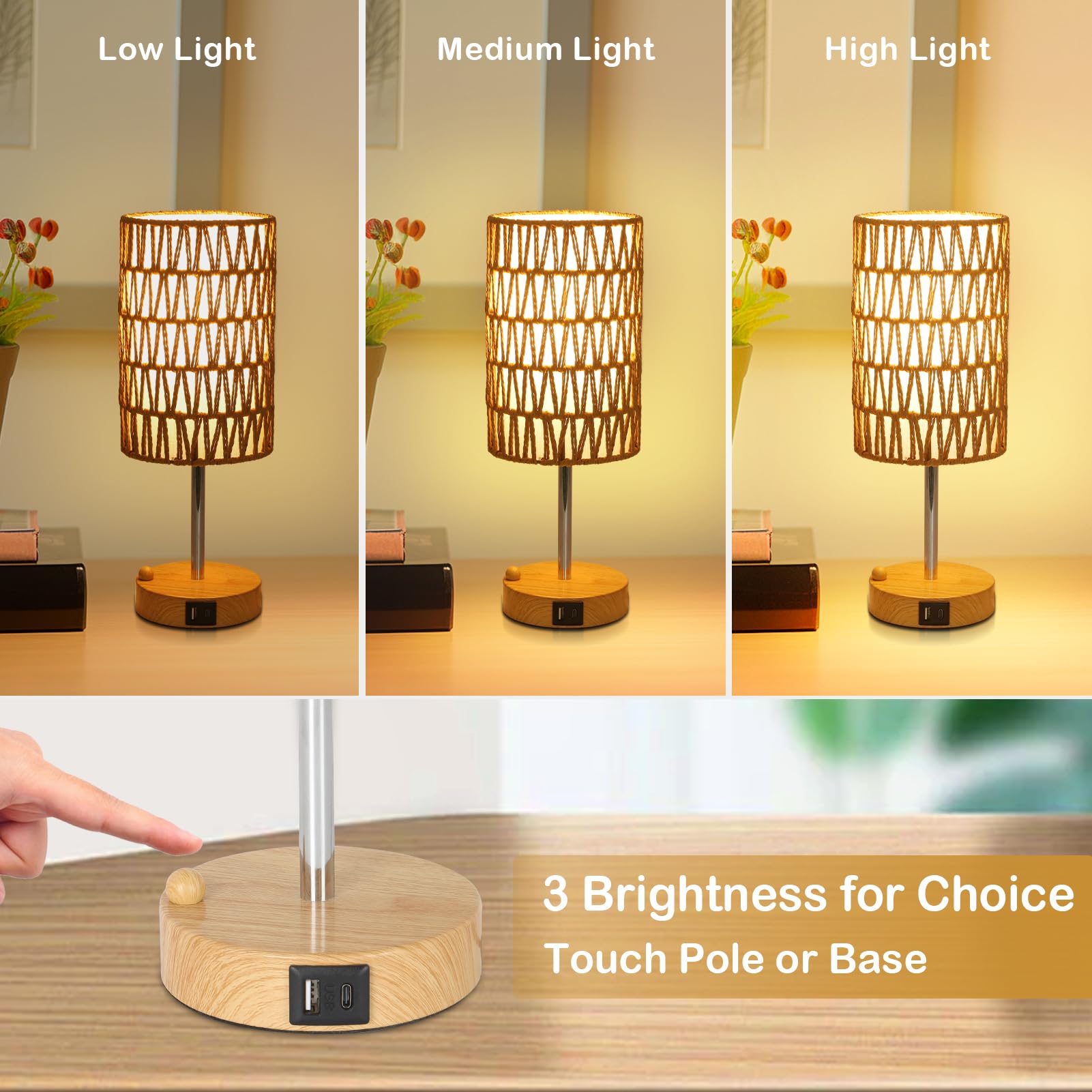 Rayofly Nachttischlampe 2er Set, Touch Dimmbar Nachttischlampe mit Ladefunktion USB A+C-Anschlüssen, Vintage Tischlampe mit Rattan Schirm & LED Glühbirne, Boho Touch Lamp für Schlafzimmer, Wohnzimmer