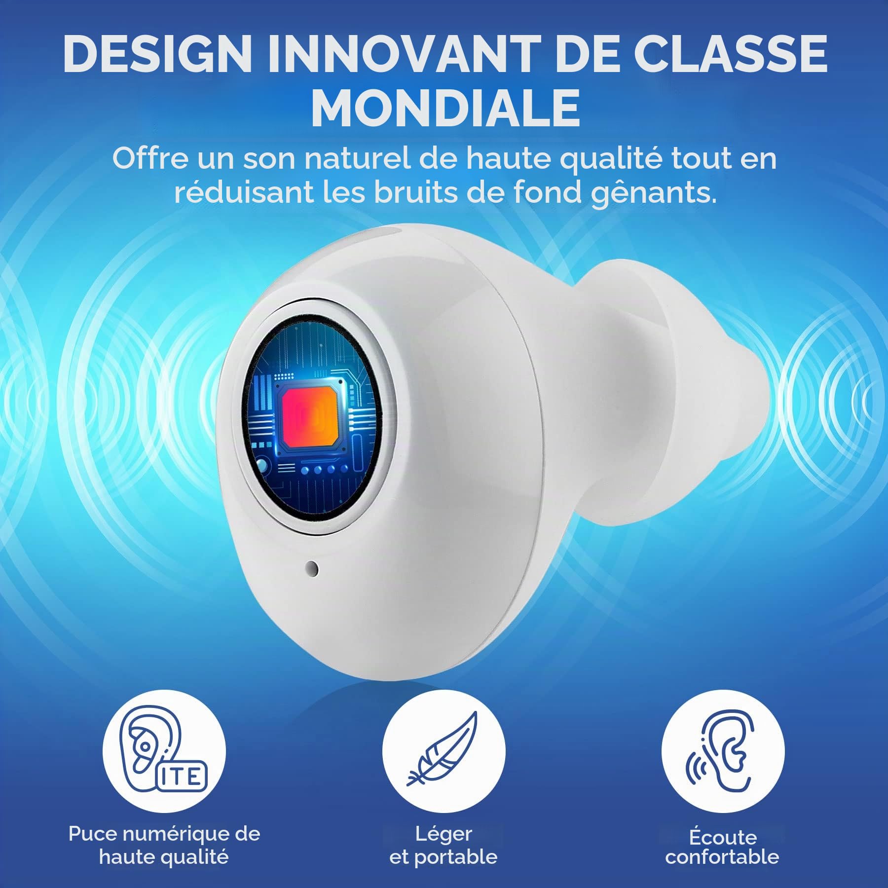 MEDca Appareil personnel numérique nouvelle génération intra-auriculaire avec réduction du bruit - Ensemble de 2 pièces rechargeables ITE, étui de chargement portable, blanc