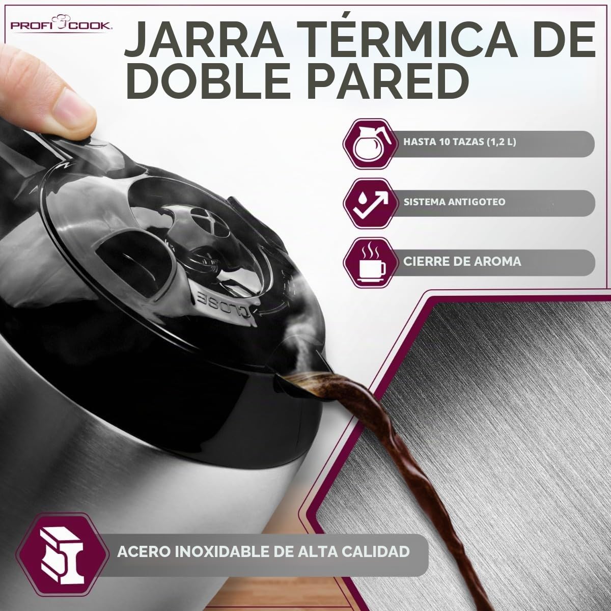 Profi Cook PC-KA 1191 - Cafetera automática, función electrónica de selección de aroma, control táctil, termo de acero inoxidable (doble pared)