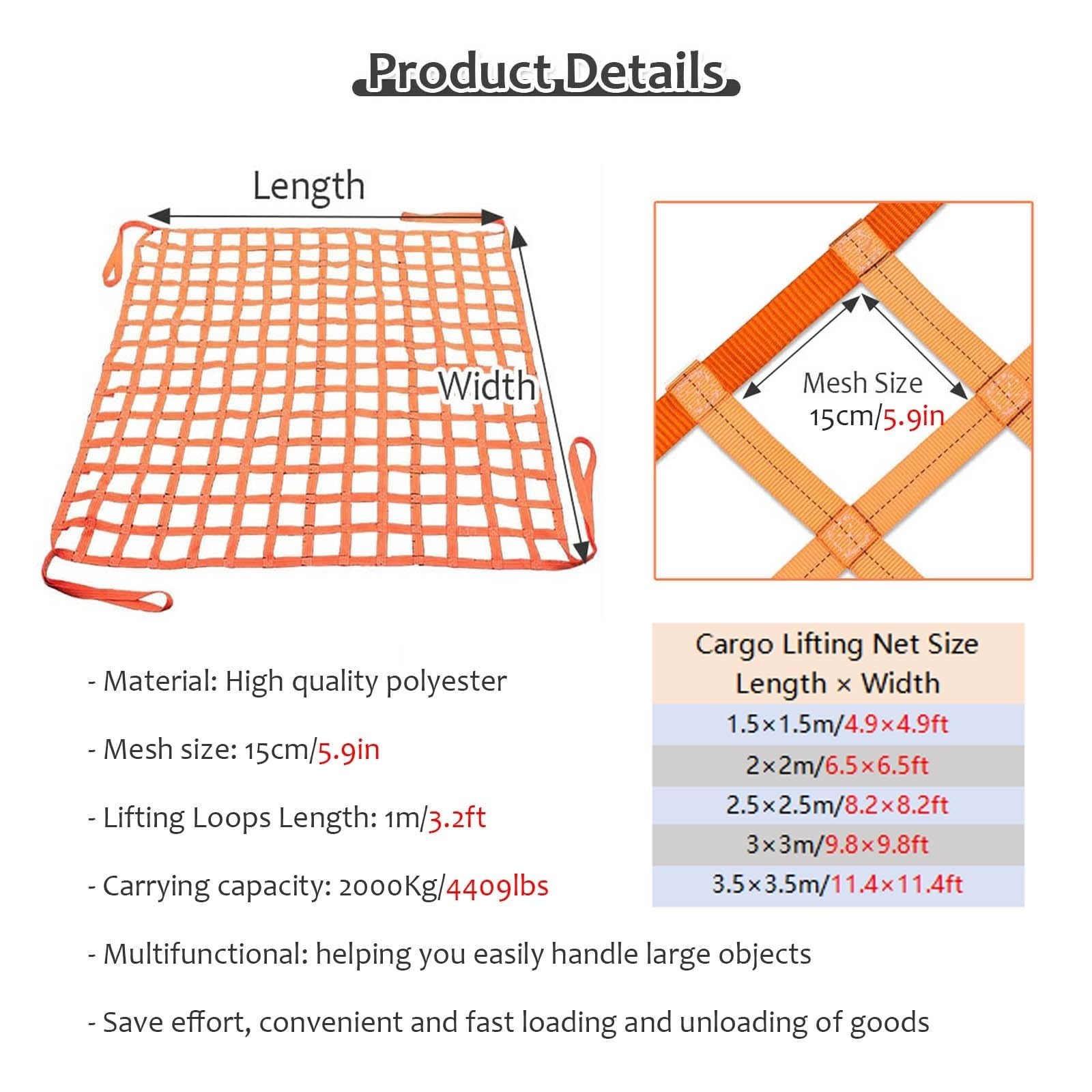 Red De Carga Colgante De Poliéster para Elevación, Red De Eslinga De Carga De Nailon Resistente Al Desgarro, Correas De Elevación Y Manipulación(1.5 X 1.5M/Mesh 10cm/Load 2t)