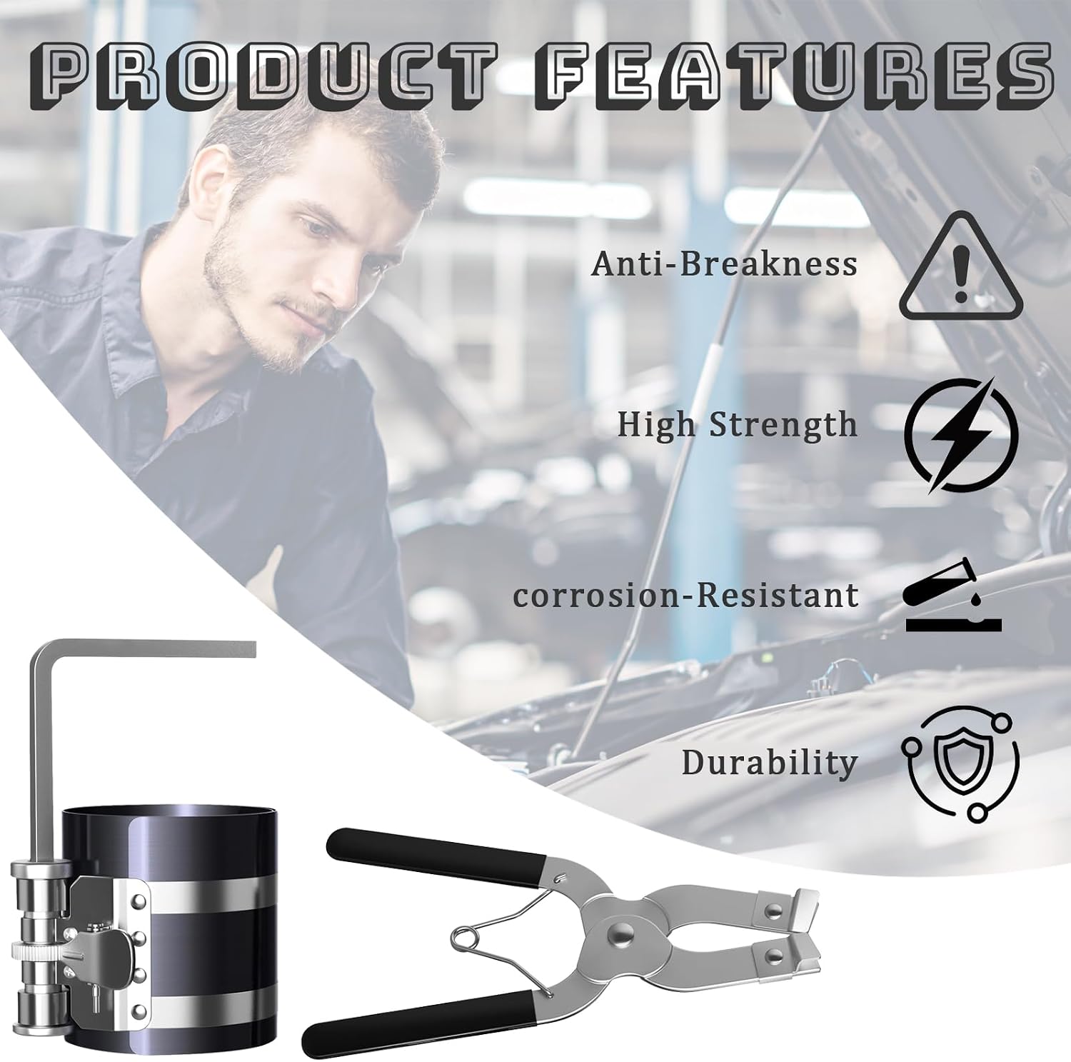 Piston Ring Compressor Tool, Car Engine Piston Ring Installer Removal Kit, Sizes Adjustable from 2-1/8" to 7"(53mm-175mm) with Adjustable Piston Installer Plier