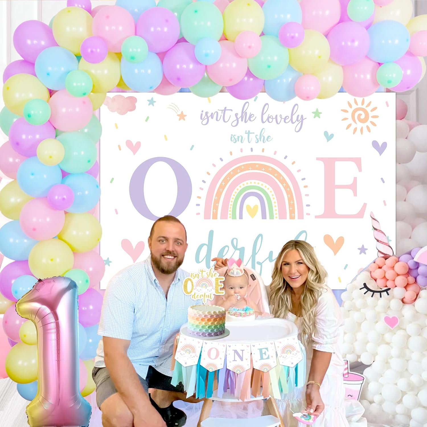Pastel Rainbow 1st Birthday Decorations Girl - Isn't She Lovely Isn't She Onederful Backdrop Cake Topper with Rainbow Balloon Garland Arch, One Highchair Banner, Rainbow First Birthday Party