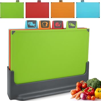 IAGORYUE 4 Colour Coded Chopping Board Set | BPA Free Thick Plastic Chopping Boards with Stand | Kitchen Cutting Boards Dishwasher Safe with Non Slip Feet & Juice Groove for Vegetables/Meat/Fish/Bread