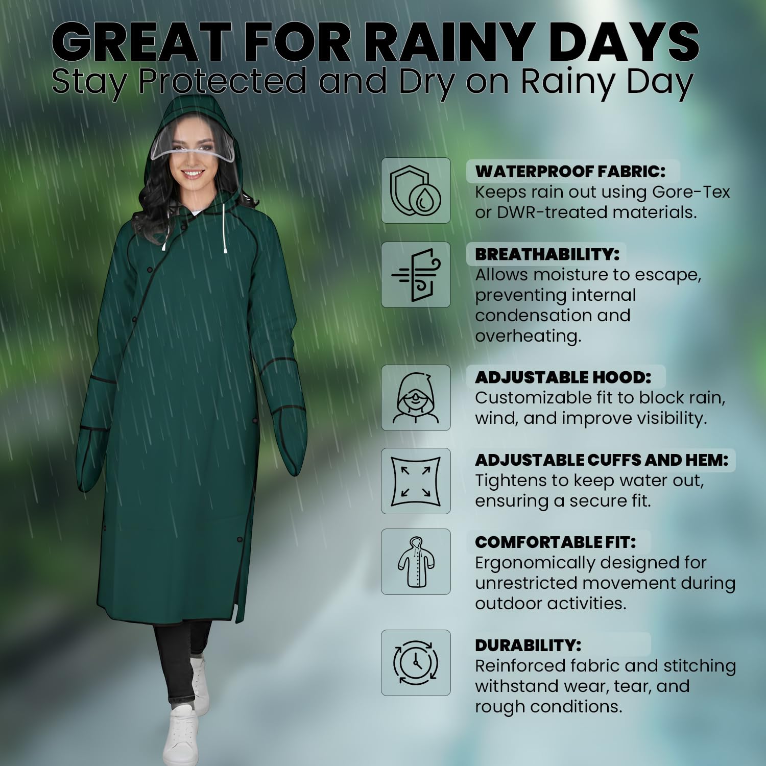 Hacer Unisex Rain Poncho 410GSM with Adjustable Hood Full Sleeves Waterproof Lightweight Outdoor Bike Raincoat for Men & Women Camping Hiking and Travelling (XL, Green) 2