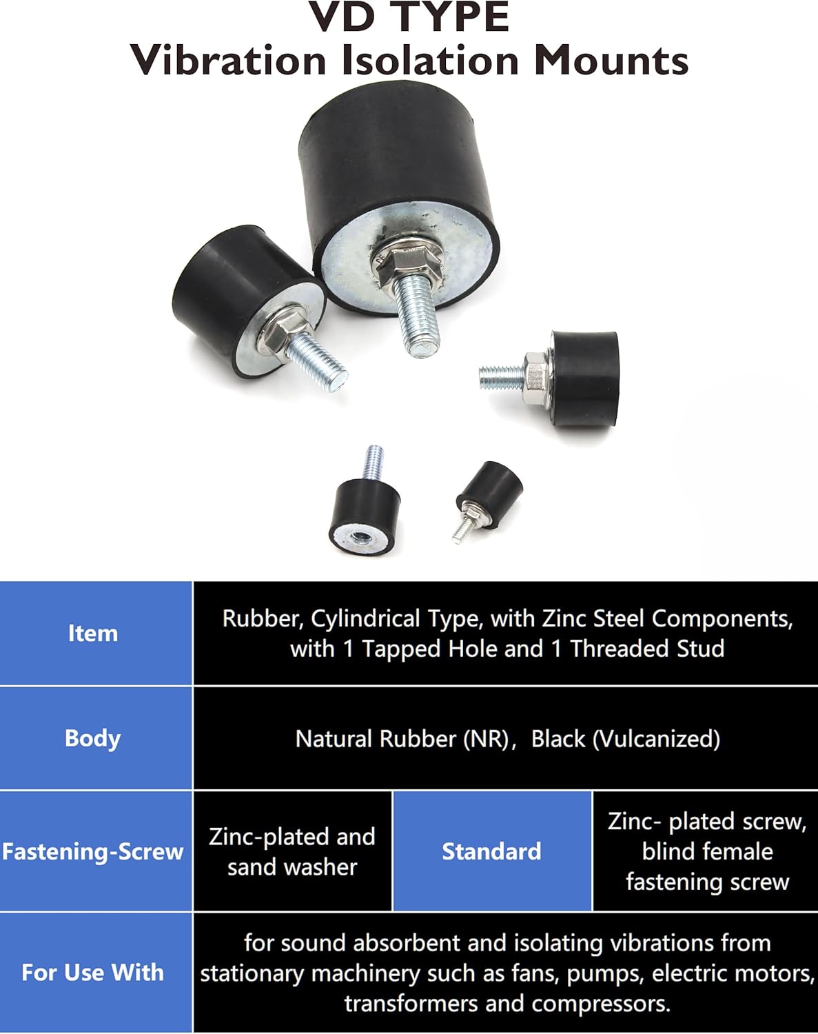 M12 Rubber Vibration Isolator Mounts Single Stud Shock Absorber Mechanical Vibration Damping Anti Vibration Silent-Blocks for Motors Compressors Pumps, 4pcs M12x37-60x50mm, 4pcs LockNuts