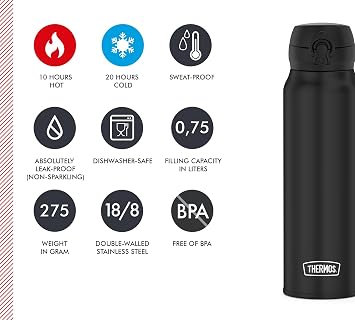 Thermos Ultralight Bottle Insulated Stainless Steel Flask with Safe Flow Lid Dishwasher-Safe BPA-Free 10 Hours Hot/20 Hours Cold Charcoal Black 0.75 L