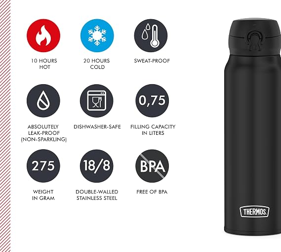 Thermos Ultralight Bottle Insulated Stainless Steel Flask with Safe Flow Lid Dishwasher-Safe BPA-Free 10 Hours Hot/20 Hours Cold Charcoal Black 0.75 L