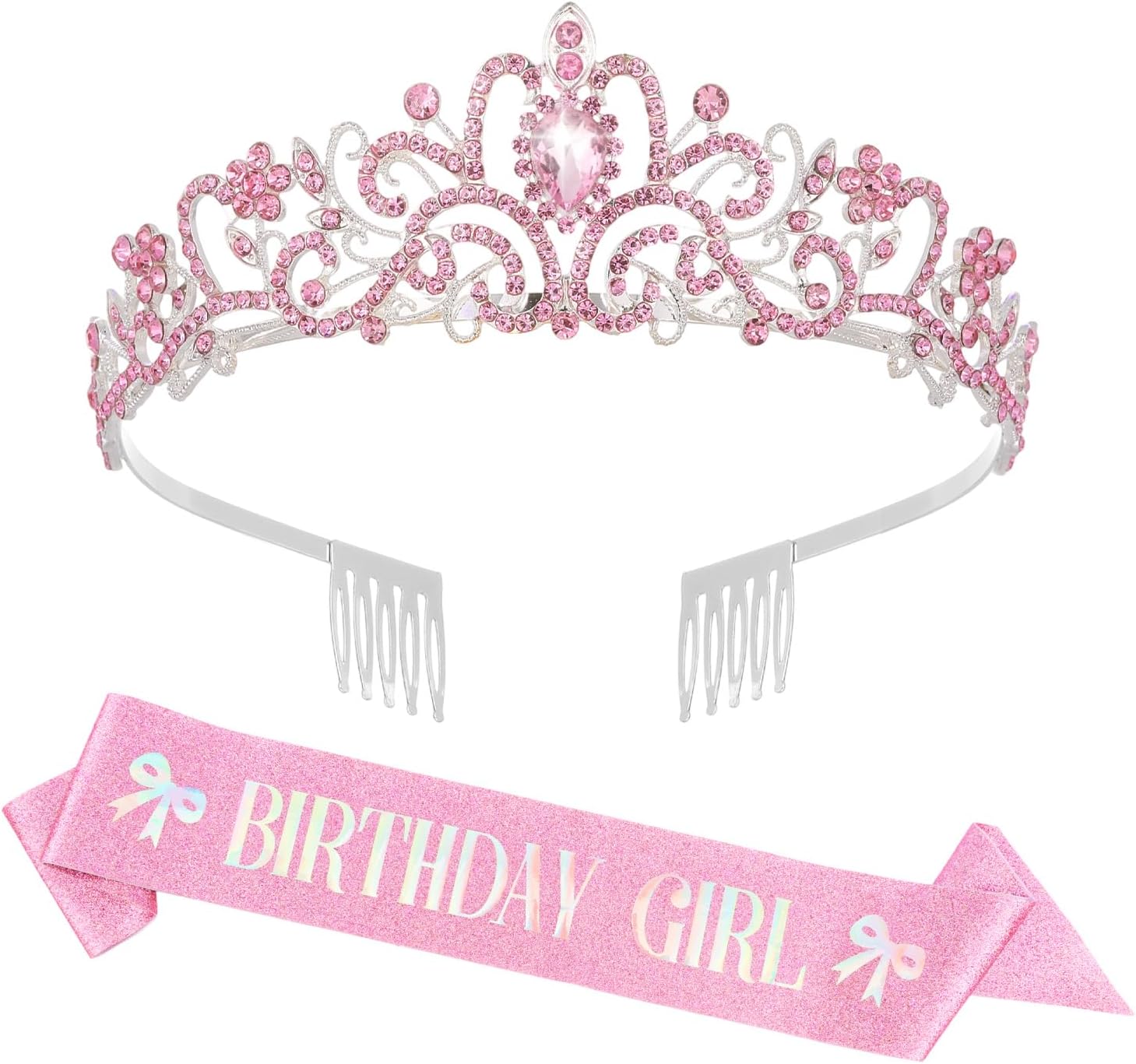 Pink Bow Birthday Party Decorations Pink Crown and Sash Set for Women Coquette Birthday Decorations Glitter Sash with Pink Bow Glitter Rhinestone Tiara for Party Decor