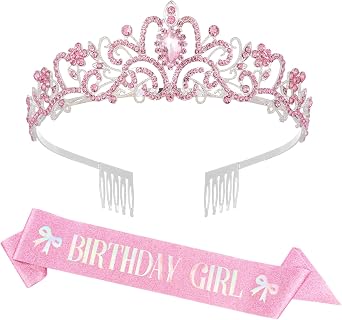 Pink Bow Birthday Party Decorations Pink Crown and Sash Set for Women Coquette Birthday Decorations Glitter Sash with Pink Bow Glitter Rhinestone Tiara for Party Decor