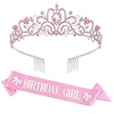 yuxiaoyu Pink Bow Birthday Party Decorations Coquette Birthday Decorations Crown and Sash Set for Women Glitter Sash with Pink Bow Glitter Rhinestone Tiara for Party Decor