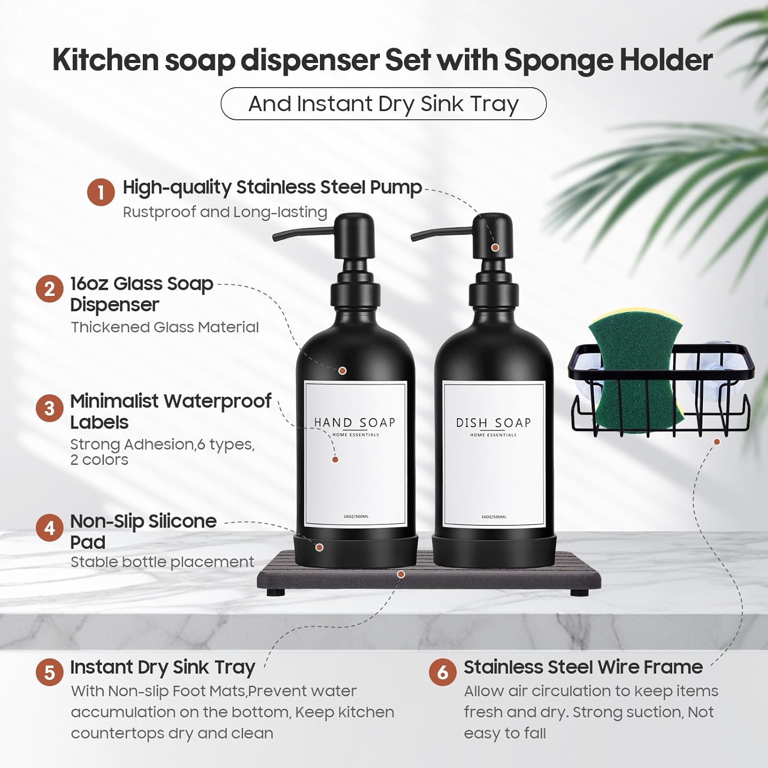 Kitchen Soap Dispenser Set with Instant Dry Tray & Sponge Holder,16 Oz Hand and Dish Soap Black Glass Dispenser Set,Stainless Steel Pump,Waterproof Labels,Luxury Soap Bottle for Bathroom - Image 2