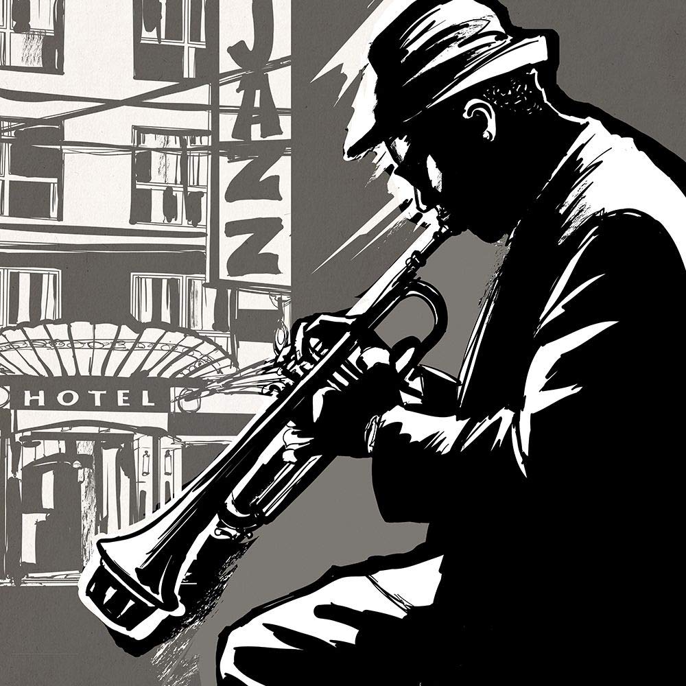 TELA-FRAMED-with-AMERICAN-BOX Smooth Jazz Anonymous - Piazza musica Stampa artistica tromba jazz Cornice galleggiante 24_X_24_in