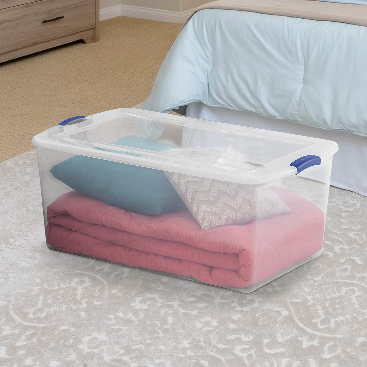 4 Pack Latch Box Plastic 105 Qt, Clear Plastic Storage Bins with Lid, White & Blue