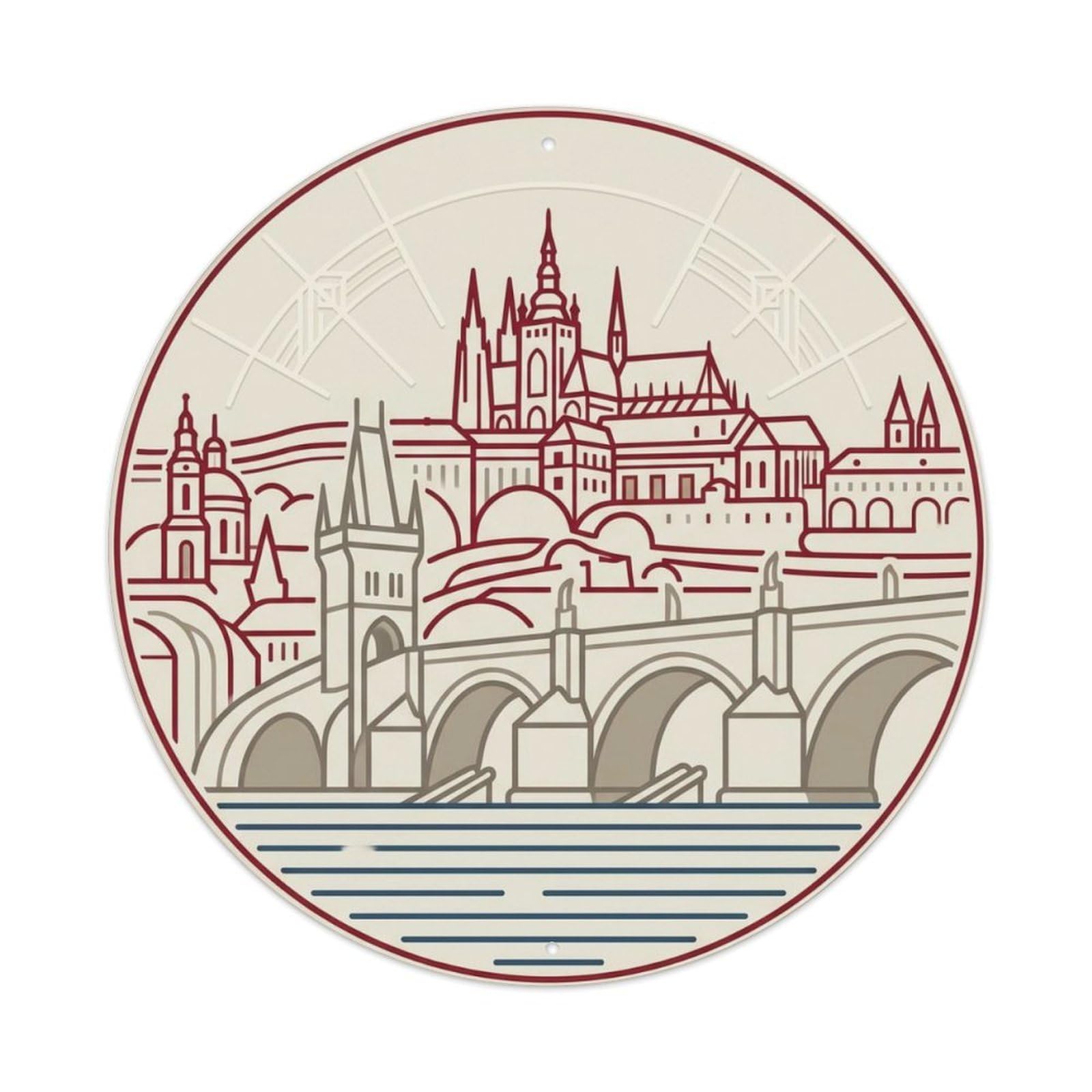 Prague Streamline Castle Travel Metal Tin Sign Plaque Wall Decor for Cafe, Club Bar, Office, Home Garden Round Metal Poster 8x8Inch