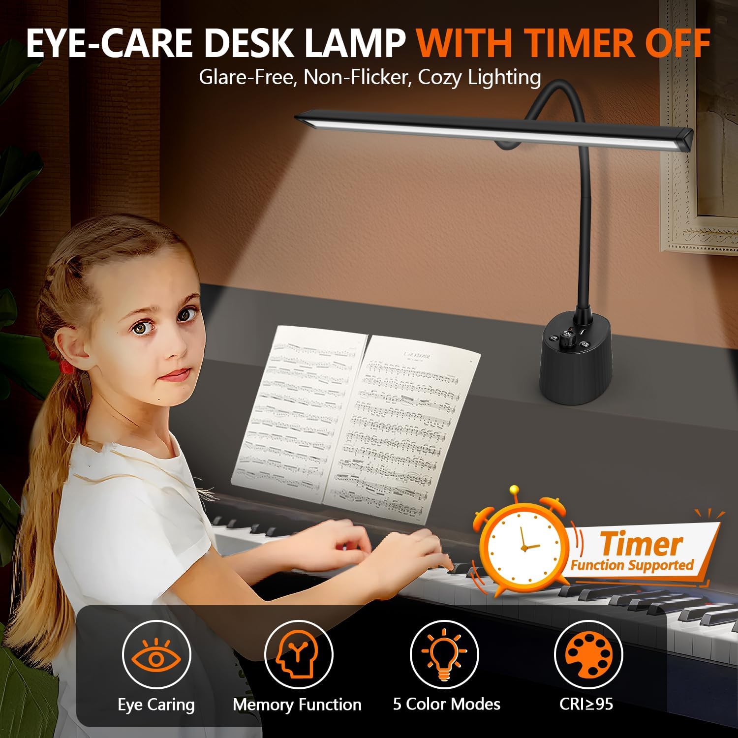 Piano Light - LED Piano Lamp for Grand/Upright/Digital Pianos - Adjustable Piano Light Desk Lamp with Flexible Gooseneck, 5 Color Modes, Dimmable & USB Charging Port Eye-Care for Home Office Bedroom