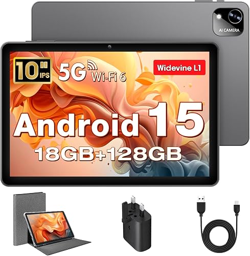 Tablet 10 Pulgadas, Tableta Android 15 con Funda, Unisoc T30 Quad-Core, 18 GB RAM + 128 GB ROM + 1 TB TF, Pantalla HD IPS 1280x800, Cámara Dual 8MP + 5MP, 6000 mAh, WiFi 6, BT 5.0, GPS (Cargador UK)
