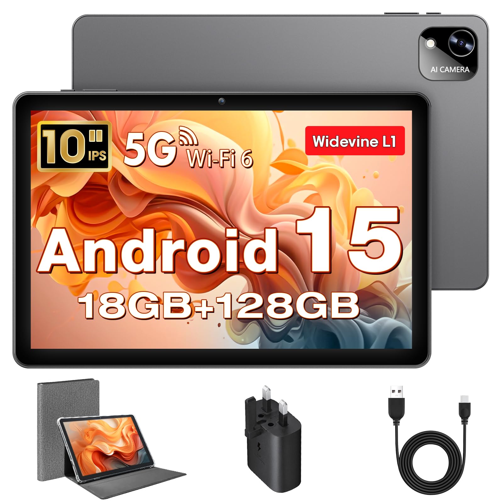 Tablet 10 Pollici, Tablet Android 15 con Cover, Unisoc T30 Quad-Core, 18 GB RAM + 128 GB ROM + 1 TB TF, Display HD IPS 1280x800, Fotocamera Doppia 8MP + 5MP, 6000 mAh, WiFi 6, BT 5.0 (Caricatore UK)