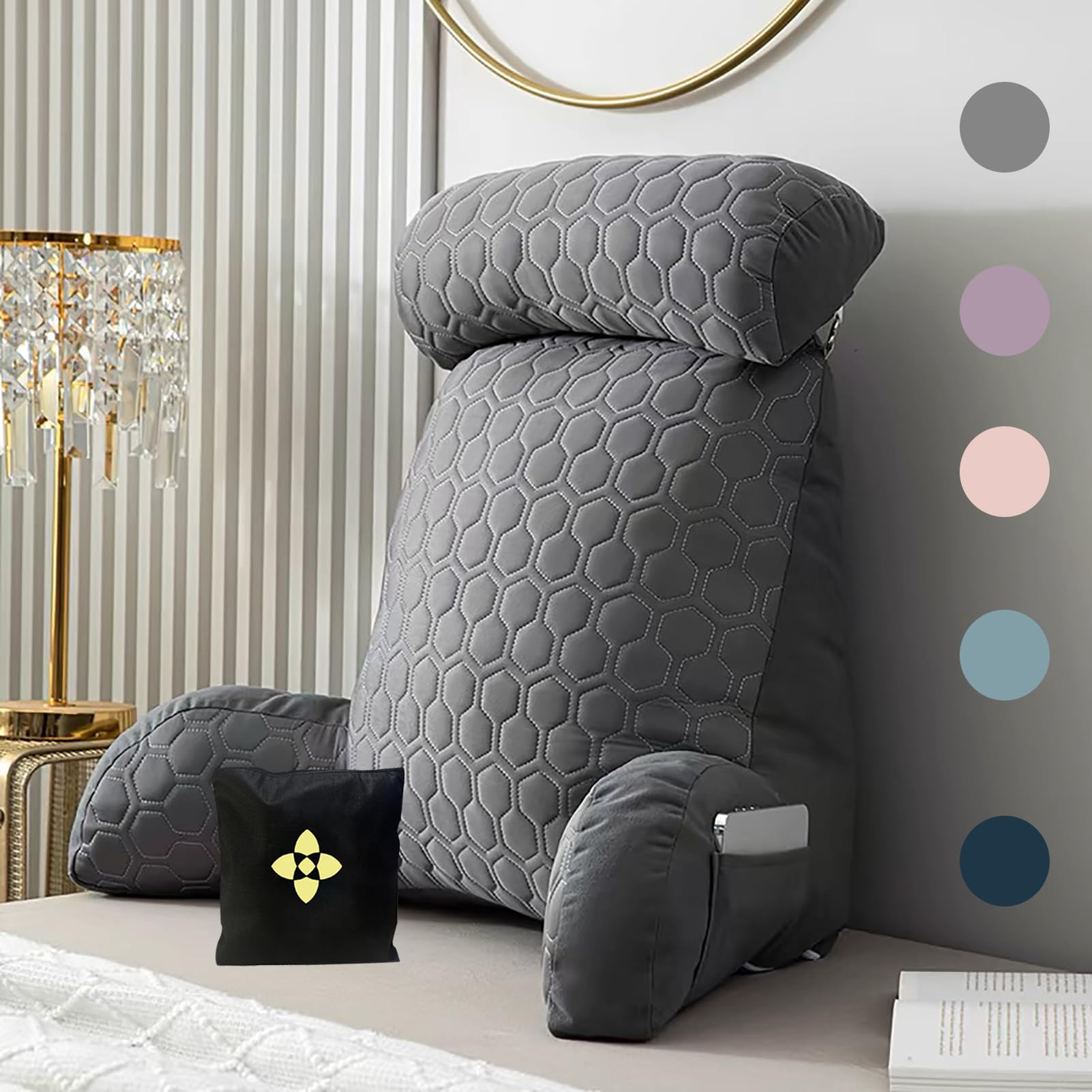 Cctsa Dark Gray Ergonomic Reading Pillows For Bed Sofa Back Support Cushion With Handle Pocket And Detachable Neck Lumbar Support Pillow With Support Arms Waist Pillow Backrest Pillow For Gaming Reading