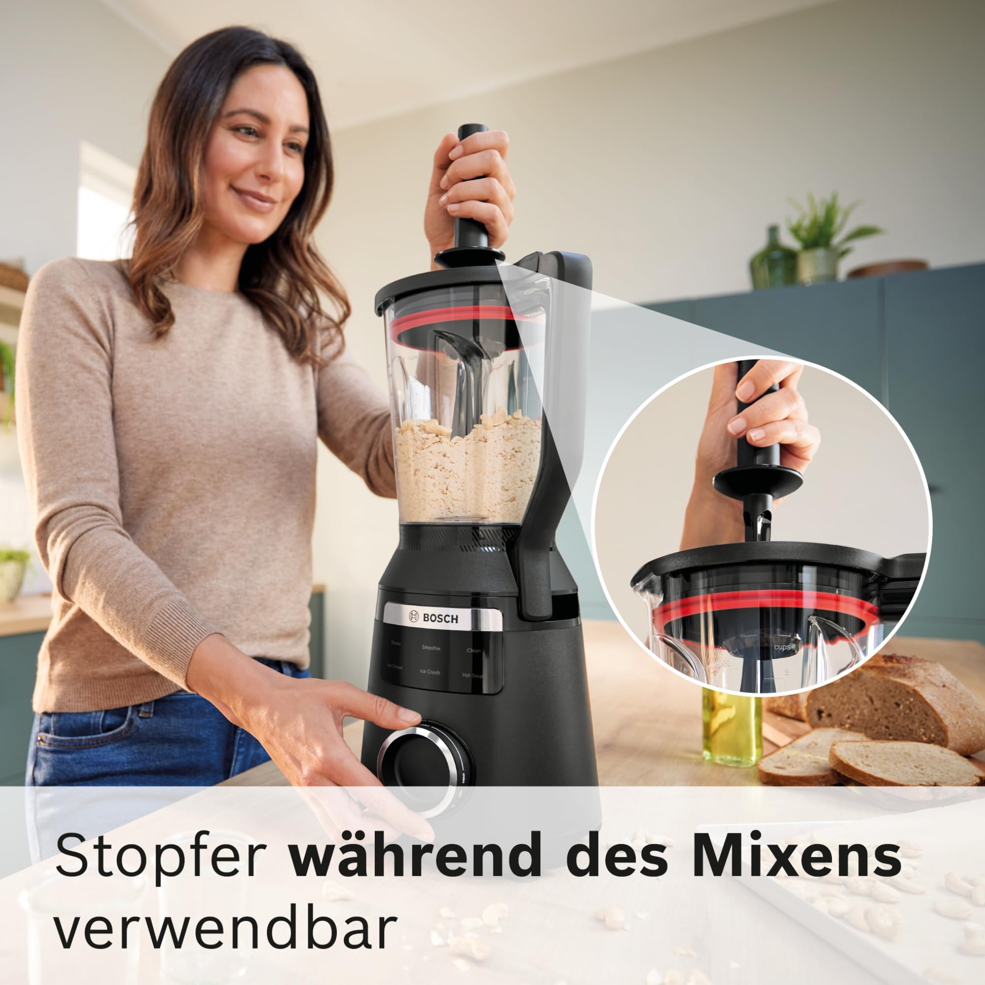 Bosch Hochleistungsmixer, Smoothie Maker, 1800W, 45.000 U-min, Programme für heiße Suppe & Reinigung, 2L, spülmaschinenfeste Teile, Made in Europe, schwarz, VitaPower Serie 6 MMB6652B