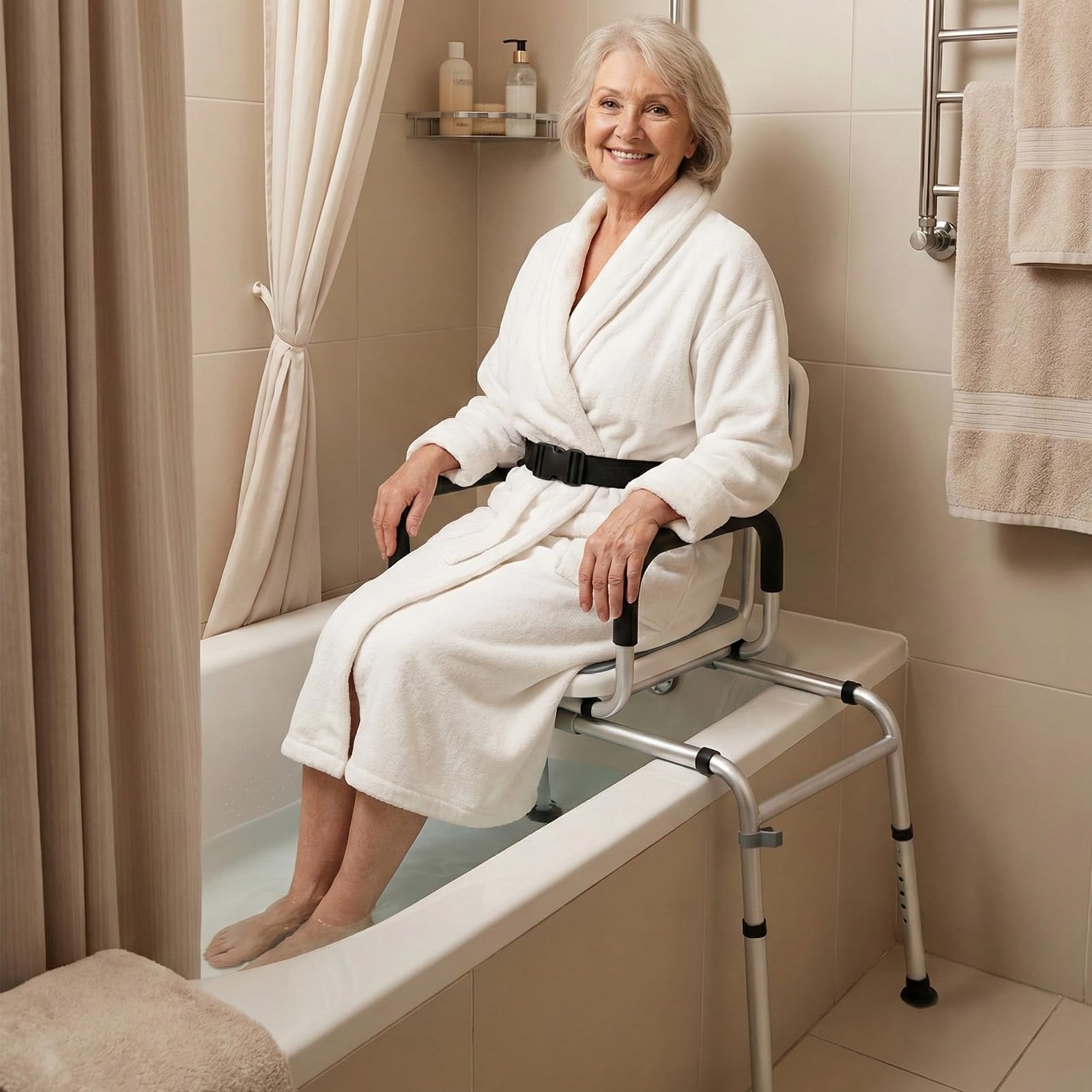 NEWTRY Sedia per doccia, Panca di trasferimento per vasca da bagno scorrevole,sgabello bagno girevole a 360°con regolazione dell'altezza a 12 livell per Anziani Disabili