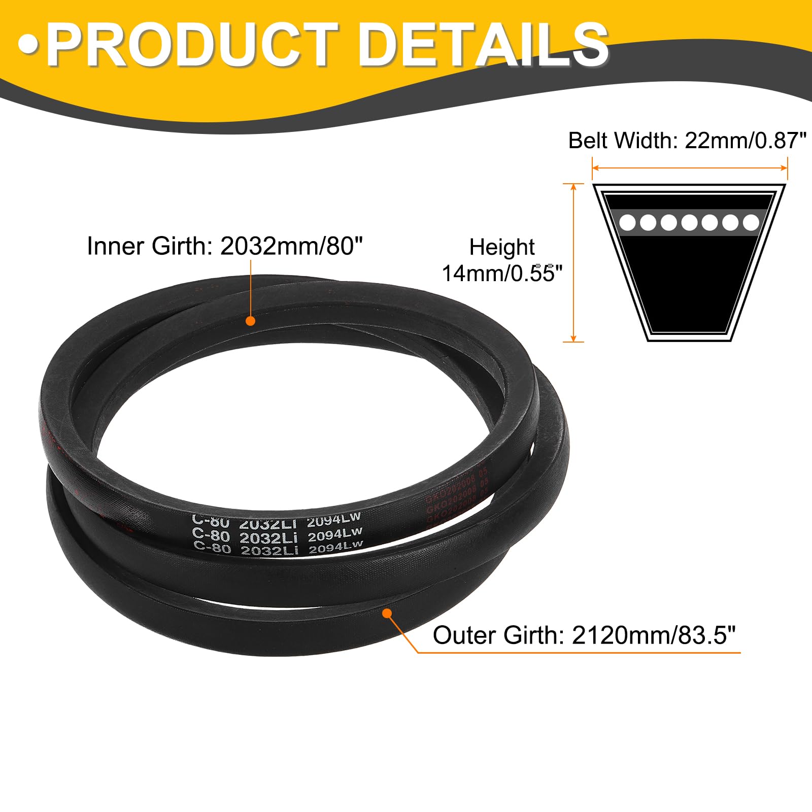 uxcell C80 Drive V-Belt 80 Inch (2032mm) Inner Circumference x 22mm Width x 14mm Height, Rubber V Belt for Power Transmission — Amazon image 2