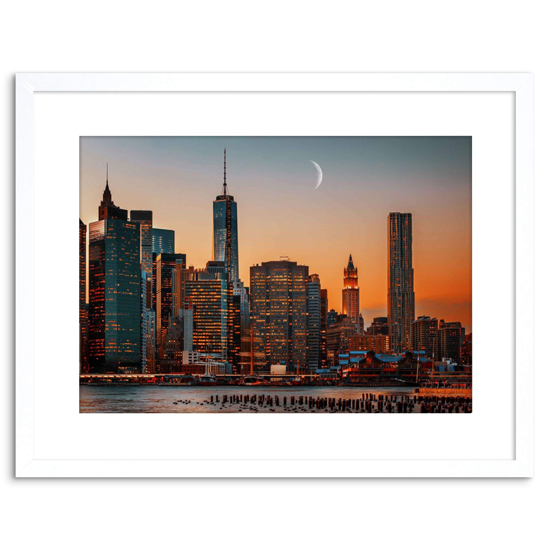 Wee Blue Coo Photo Cityscape New York City USA Moon Over Manhattan Framed Wall Art Print