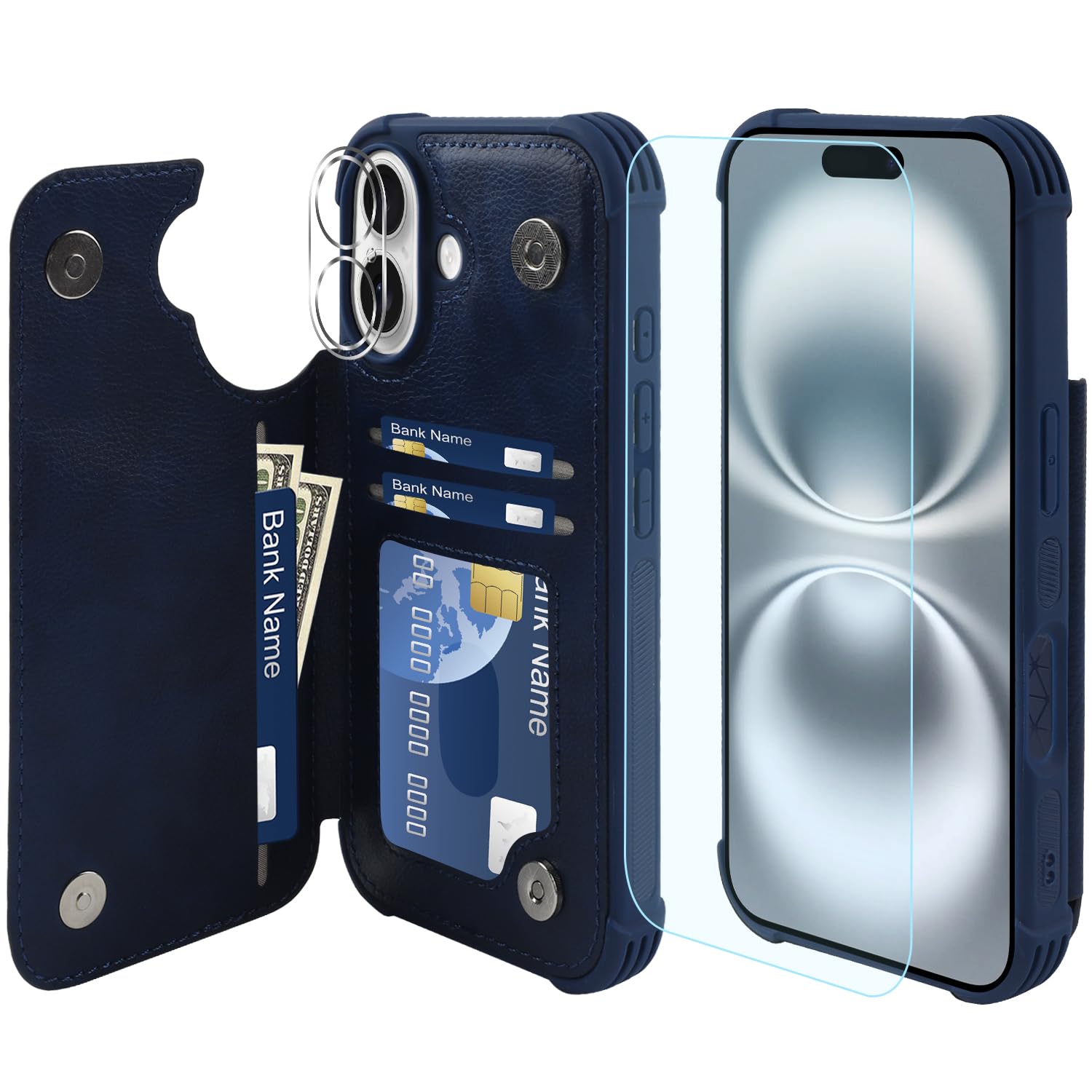 VANAVAGY Compatible for iPhone 16 Plus Wallet Case with Credit Card Holder,Rfid Leather Flip Folio Phone Cover Fits Magnetic Car Mount and Stand with Screen Camera Protector,Navy blue