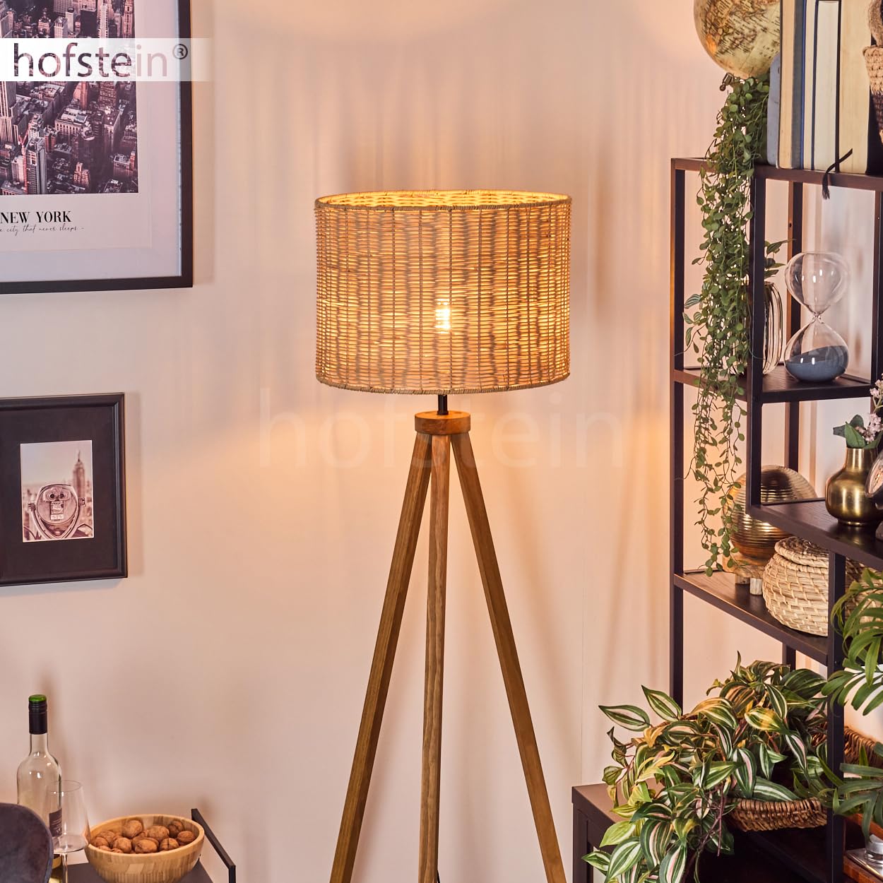 Stehleuchte Cavaca, Stehlampe aus Holz/Korbgeflecht/Rattan in Naturfarben, Leuchte im skandinavischen Design mit rundem Schirm (Ø 40 cm) u. Fußschalter, Höhe 154 cm, 1 x E27, ohne Leuchtmittel