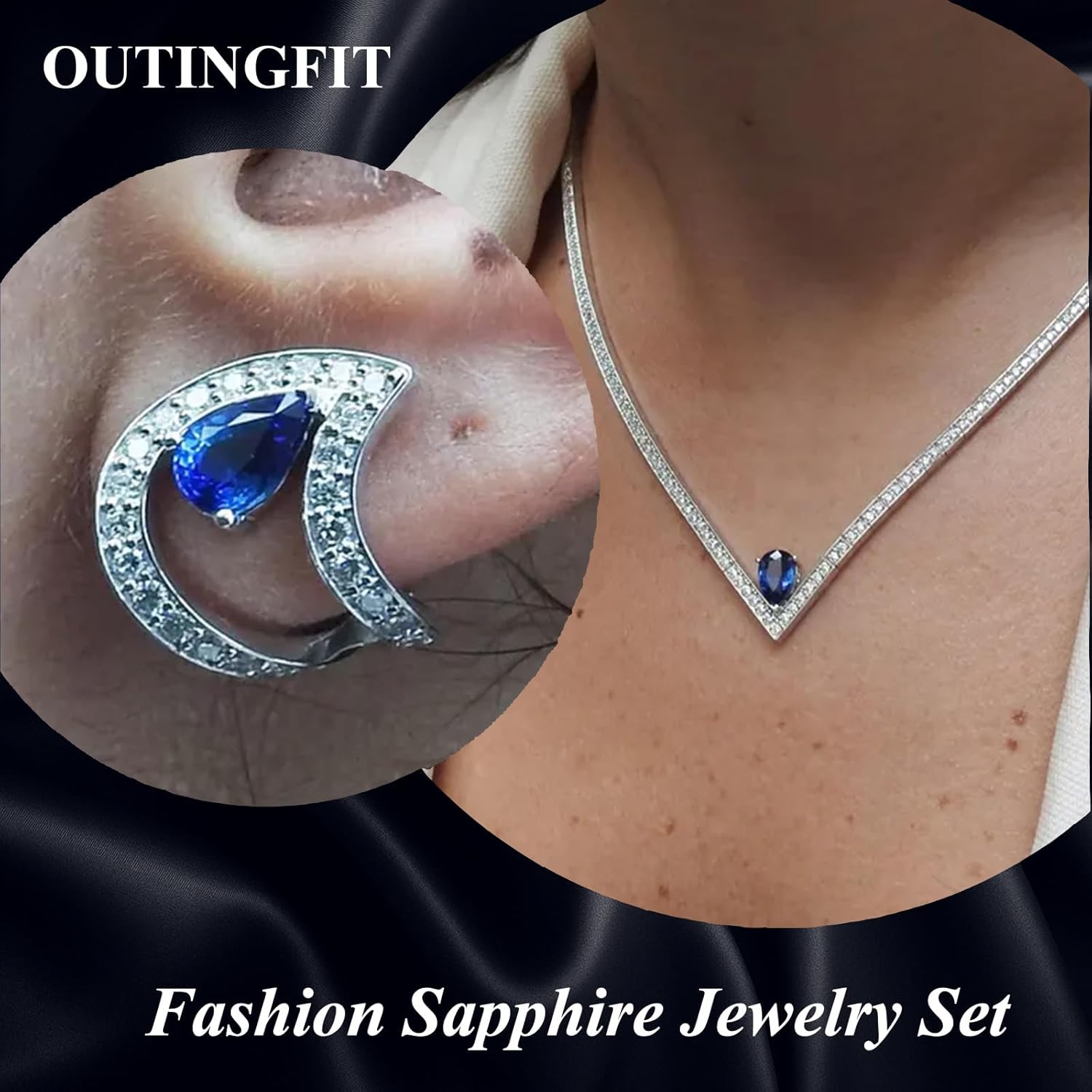 V Shaped Tennis Necklace and Moon Earrings Set for Women Sapphire Silver Wedding Jewelry Set for Brides Minimalist Geometric Accessories - Image 3