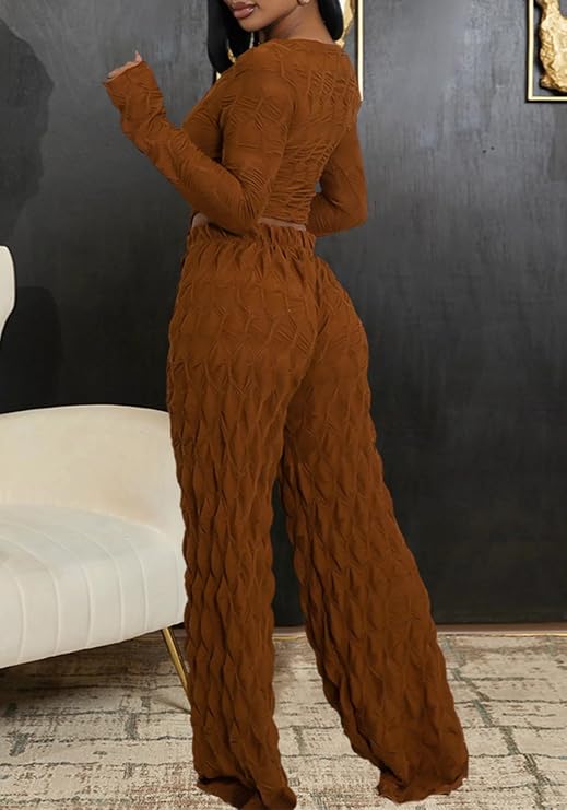 Ecirod Casual 2 Piece Sets for Women Fall Outfits Pleated Long Sleeve Crop Top High Waisted Wide Leg Pants Set