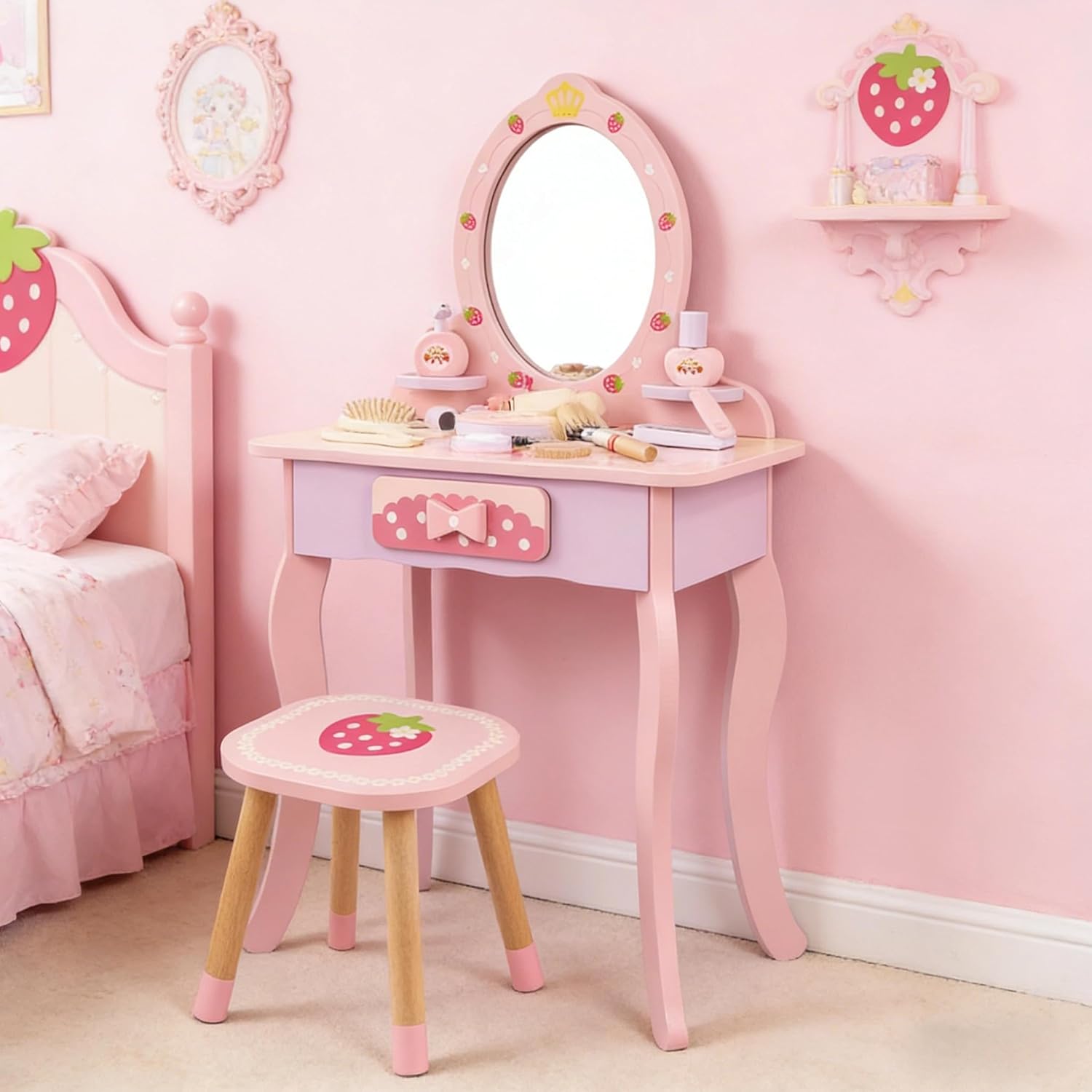 Owii Children's Wooden Dressing Table, Pretend Play Set for Little Girls, Makeup Table with Mirror, Drawer, Stool and Wooden Makeup Accessories Kit 51 x 30 x 53.5 cm Pink