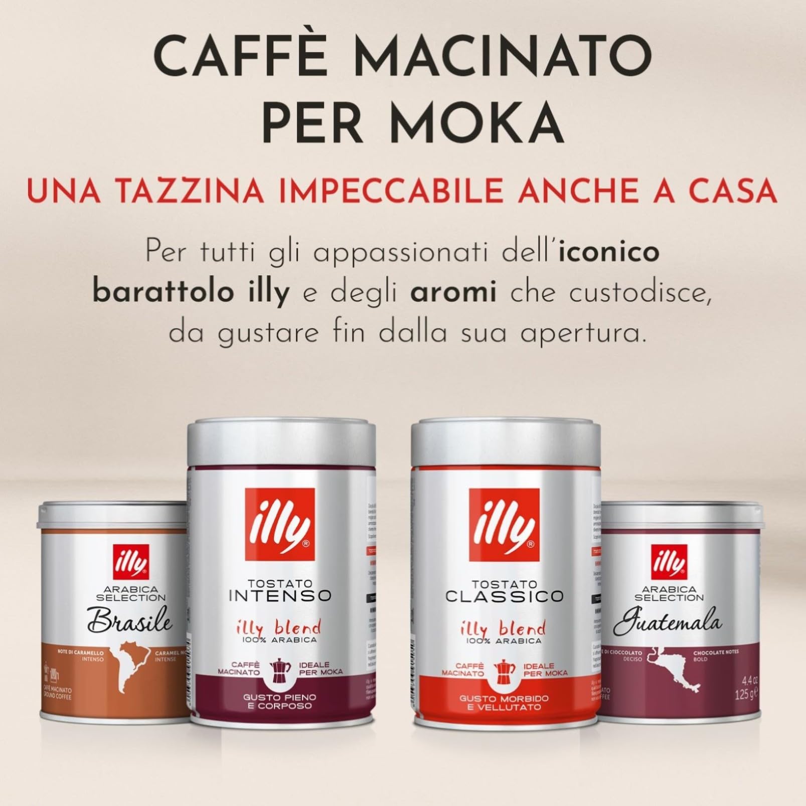 illy, Caffè Macinato per Moka Tostato CLASSICO, 100% Arabica con Note di Fiori d'Arancio e Gelsomino, Gusto Morbido e Retrogusto Dolce, Confezione da 12 Barattoli (12 x 185g)