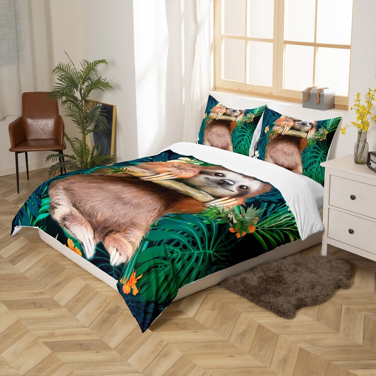 Kids Cute Sloth Bedding Set Cartoon Animal Comforter Cover for Boys Girls Funny Lazy Sloth Tropical Leaves Floral Print Duvet Cover Nature Themed Bedspread Room Decor Quilt Cover Junior/Cot Bed - Image 3