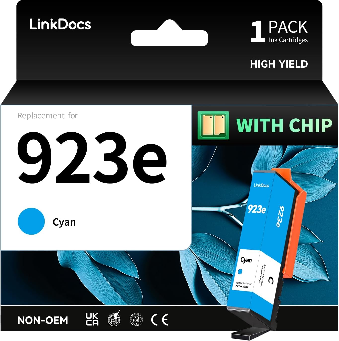 LinkDocs 923e Cyan Ink Cartridges (with Chip) Remanufactured Replacement for HP 923xl 923 e Work with OfficeJet Pro 8120 8123 8130 8133 Printer (Cyan, 1-Pack)
