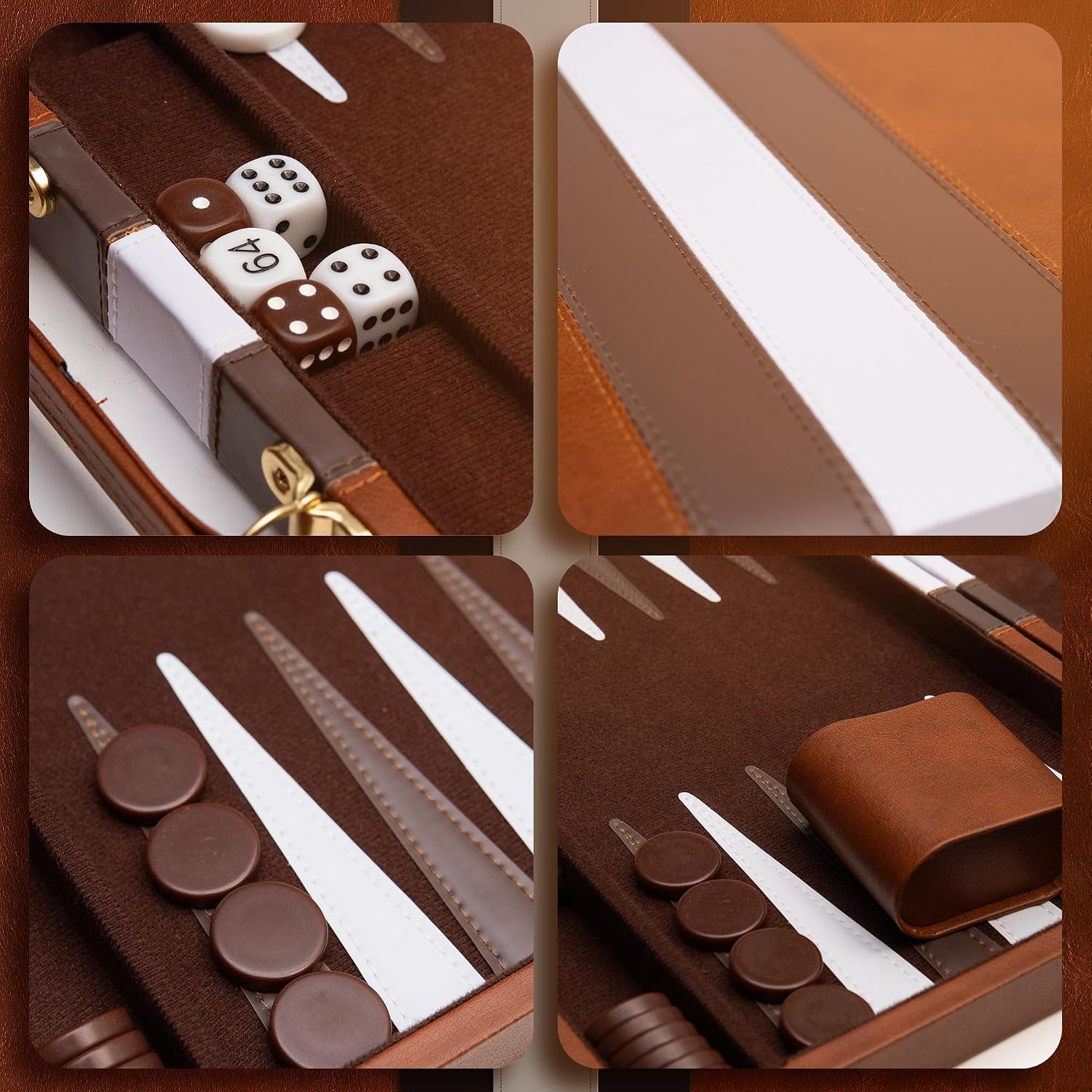 Jeu de société Backgammon - Étui en cuir de luxe - Intérieur en feutre - Marron - Jeu de société populaire - Taille XL (53,3 cm)