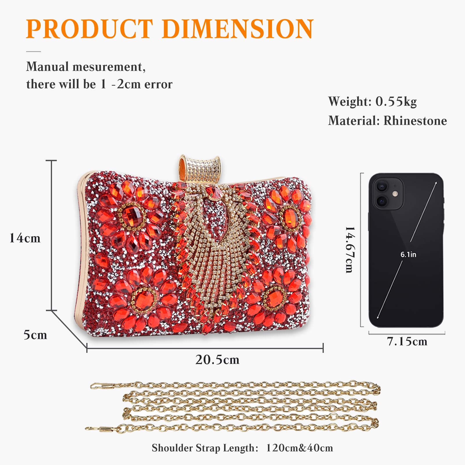 Diamantes de Imitación Clutch para Mujer Bolsa de Noche Bolso de Fiesta Pequeña Bolso de Boda Elegante Bolso de Hombro Lujoso Bolsos Bandolera para Fiesta de Graduación Banquete Rojo