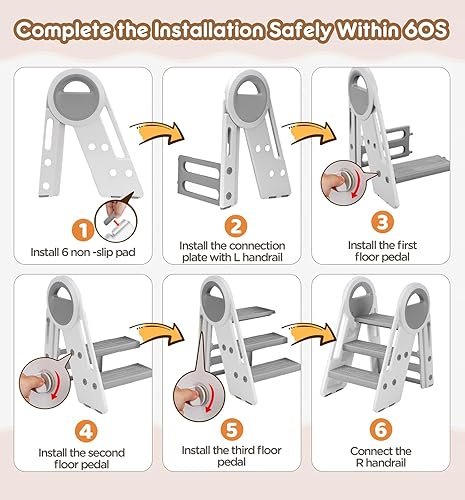 Miniatura 7 de Gimars Taburete plegable y ajustable de triple estabilidad de 2 pasos a 3 escalones para lavabo de baño, taburete para niños con 6 almohadillas