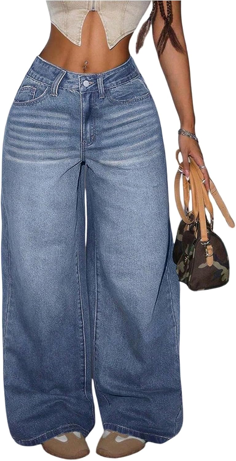 GORGLITTER Women's Barrel Jeans Y2k Low Waist Baggy Denim Pants Casual Loose Wide Leg Pants Streetwear